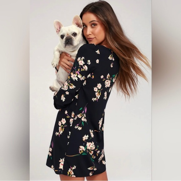 Lulus Herbaceous Babe Navy Floral Long Sleeved Shift Dress Women’s Size Small - Picture 16 of 16